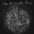 Ham and argula pizza, drawn in chalk on a blackboard