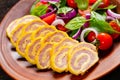 Ham and cheese breakfast egg roll-ups, pinwheels Royalty Free Stock Photo