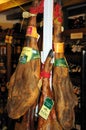Ham in delicatessen shop, Ronda, Spain. Royalty Free Stock Photo