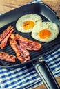 Ham and Egg. Bacon and Egg. Salted egg and sprinkled with black pepper. Grilled bacon, two eggs in a Teflon pan Royalty Free Stock Photo