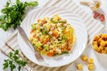 Ham and Noodle Casserole on white plate, top view Royalty Free Stock Photo