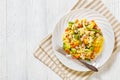 Ham and Noodle Casserole on white plate, top view Royalty Free Stock Photo