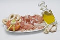 Ham and olive oil and tomato. Royalty Free Stock Photo