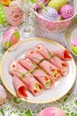 ham rolls stuffed with cheese and vegetables for easter breakfast Royalty Free Stock Photo