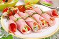 Ham rolls stuffed with cheese and vegetables Royalty Free Stock Photo