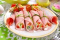 Ham rolls stuffed with cheese and vegetables Royalty Free Stock Photo