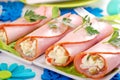 Ham rolls stuffed with vegetable salad and mayonnaise Royalty Free Stock Photo