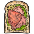 Ham sandwich. Sketch scratch board imitation. Color picture vector.