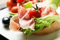 Ham sandwich with tomato and olive on plate Royalty Free Stock Photo