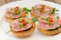 Ham sandwiches with chili, parsley and scallion on white plate c