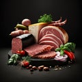 Ham, sausage, bacon, various appetizing meat delicacies, vegetables on a black background close-up, vintage drawing style