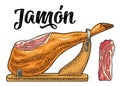 Ham slice and leg on horizontal wood stand. Vector engraving