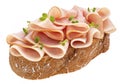 Ham slices on rye bread isolated on white background Royalty Free Stock Photo