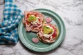 Ham tostadas with cheese and avocado. Mexican food Royalty Free Stock Photo