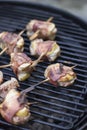 Ham wraped skewers on grill Royalty Free Stock Photo