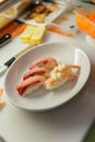 Hamachi Sushi and Shrimp Sushi Topping with Tobiko (Shrimp Eggs) and Mayongnes