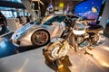 Hamad Airport, Quatar - July 9, 2021: Luxury car and motorcycle displayed in Hamad International Airport