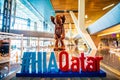 Hamad Airport, Quatar - July 9, 2021: Hamad Airport sculpture decoration hall interior