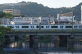 JR train next to Ishibashi Memorial Park in Hamamachi, Kagoshima City, Japan Royalty Free Stock Photo