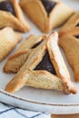 Hamantaschen cookies with chocolate for purim. Traditional Jewish dessert