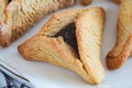 Hamantaschen cookies with chocolate for purim. Traditional Jewish dessert