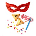 Hamantaschen cookies , grogger and carnival mask on white background Royalty Free Stock Photo