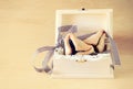 Hamantaschen cookies or hamans ears for Purim celebration in wooden box. vintage effect.