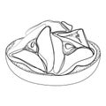 Hamantaschen cookies in plate Line art drawing vector illustration.Traditional treats for the Jewish festival of Purim