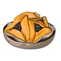 Hamantaschen jewish traditional cookies for Purim holiday, Oznei Haman,vector cartoon illustration.Purim cookies