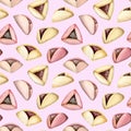 Hamantaschen Purim cookies seamless pattern with watercolor Haman ears dessert on light pink background