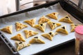 Hamantashen - traditional cookies for Purim, Jewish holiday. Triangular cookies on a baking sheet