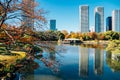 Hamarikyu Gardens, pond and modern buildings at autumn in Tokyo, Japan Royalty Free Stock Photo