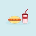 Hambergur with Hot Dog ,mustard and Soft Drink on Light Blue Background.Vector Icon Illustration.Fast food,deliverly for poster,