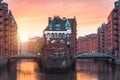 Hamburg city old port, Germany, Europe. Historical famous warehouse district with water castle palace at sunset golden