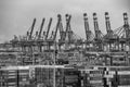 Hamburg container port in black and white