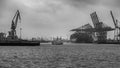 Hamburg container port in black and white