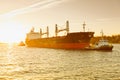 Hamburg, fright ship is towed by tug boat, Elbe Royalty Free Stock Photo