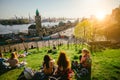 Hamburg, Germany - April 18, 2018: Famous Hamburger Landungsbruecken with commercial harbor and Elbe river, St. Pauli Royalty Free Stock Photo