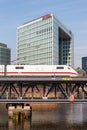 ICE 1 high-speed train of Deutsche Bahn DB on the Oberhafen bridge in Hamburg, Germany
