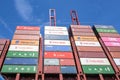 Hamburg, Germany, August 3, 2022: Cargo container on a freighter ship against a blue sky. Concept for transport, shipping and
