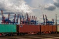 Docks of Port of Hamburg Hamburger Hafen on the river Elbe, Germany. The largest port in Germany and one of the busiest ports in