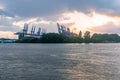 View on cranes at Hamburg port at sunset time Royalty Free Stock Photo
