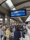 Hamburg, Germany 13.5.2022 Crowded train platform of people waiting on delayed trains. Passengers waiting on trains with extreme d