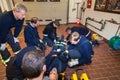 Hamburg, Germany - February 07, 2013: German firefighter team in an exercise with a injured in a stretcher