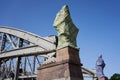 Hamburg, Germany - July 18, 2021 - the KornhausbrÃÂ¼cke bridge with the statues of Columbus and Vasco da Gama carefully shrouded