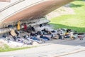 Hamburg , Germany - July 14, 2017: Tramps dwelling under the bridge of the Helgolaender Street in St. Pauli