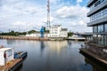 Hamburg, Germany - View over the river Elbe and industrial activity with loading docks and apartments Royalty Free Stock Photo