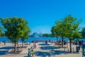 HAMBURG, GERMANY - JUNE 08, 2015: Big boat with people walking around stops at Binnenalster lake, in the center of