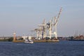 HAMBURG, GERMANY - JUNE 2019 Hamburg Harbor with Port Cranes 0631 Royalty Free Stock Photo