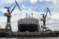 Hamburg, Germany - June 11, 2016: RMS Queen Mary 2, a transatlantic ocean liner in the shipyard Blohm and Voss in the port of Ham